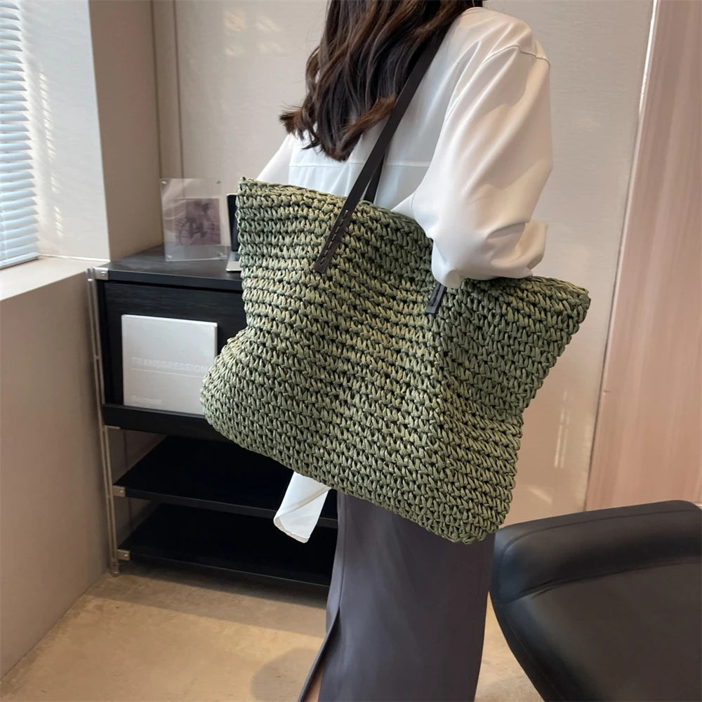 MOODS Luxury Design Straw Woven Tote Bags For Women Large Capacity Shoulder Beach Bag Pure Color Summer New Big Shopping Handbag.