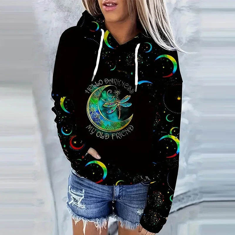 Moon Print Drawstring Hoodie Casual Long Sleeve Hooded Sweatshirt Women's Clothing.