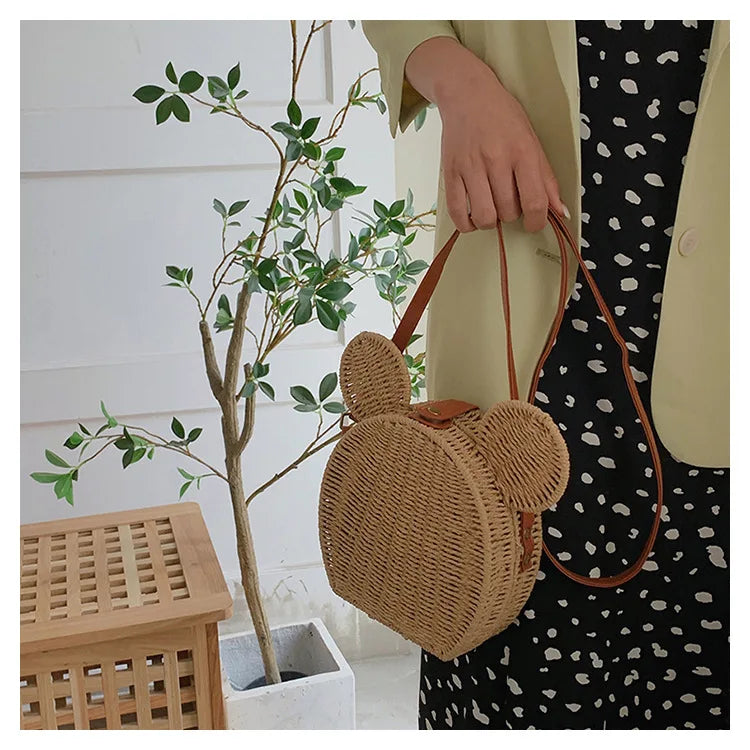 Disney 2023New Ladies Designer Straw Fancy Bag Cute Handbag Rattan Travel Leisure Vacation Small Round Beach Mickey Shoulder Bag - Elevate Your Body