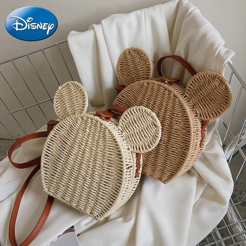 Disney 2023New Ladies Designer Straw Fancy Bag Cute Handbag Rattan Travel Leisure Vacation Small Round Beach Mickey Shoulder Bag.