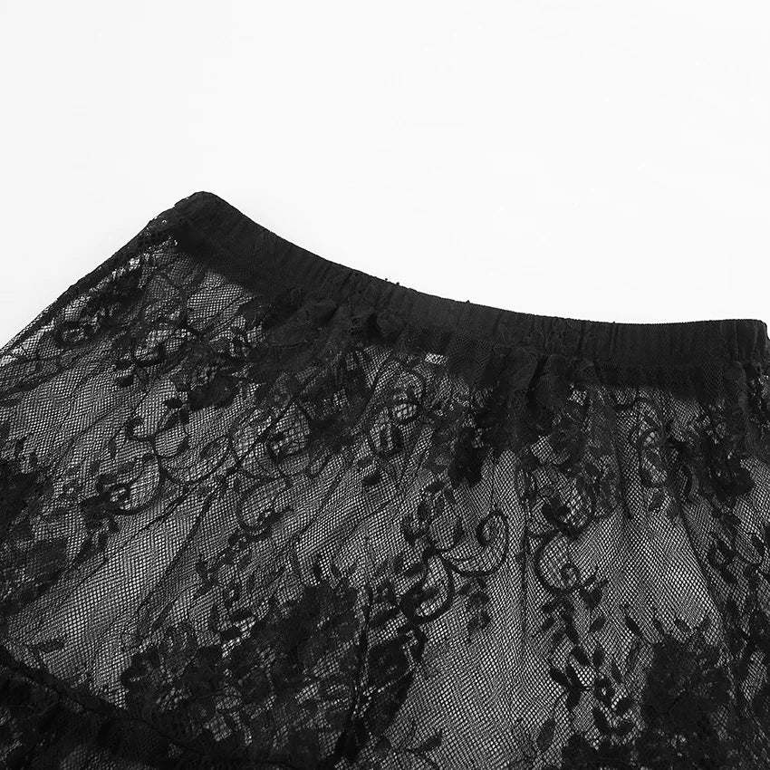 Sexy Lace Dark Perspective High Waist Skirt European Summer Fashion Mesh Long Skirt Fashion Streetwear Loose Oversize Skirt.