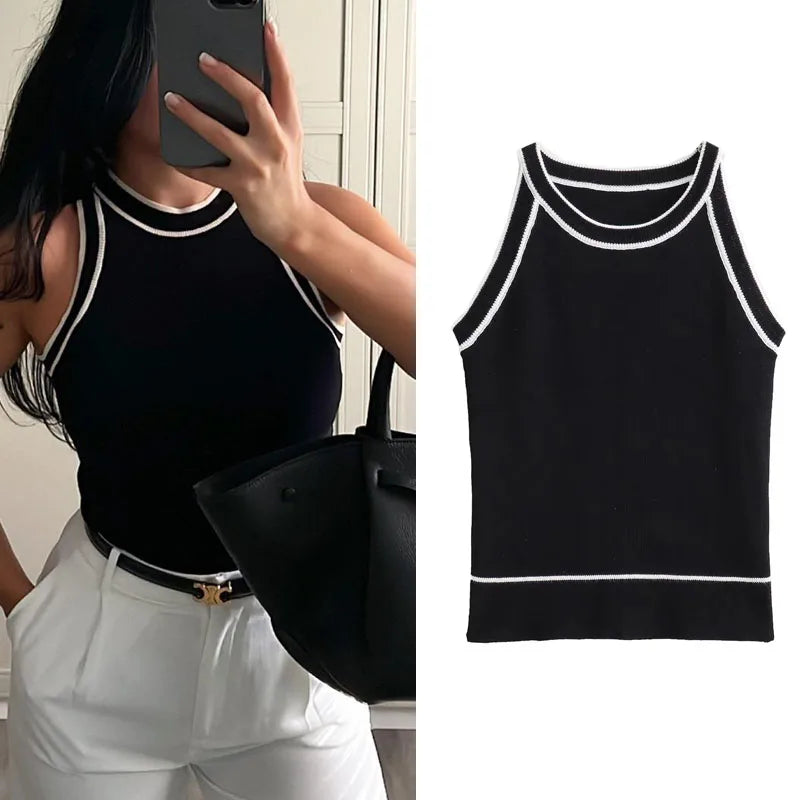 TRAF Tops for Women 2023 Crop Top Black Sexy Sleeveless Knitted Fabric Women's Vest Tank top Female youthful women's clothing.