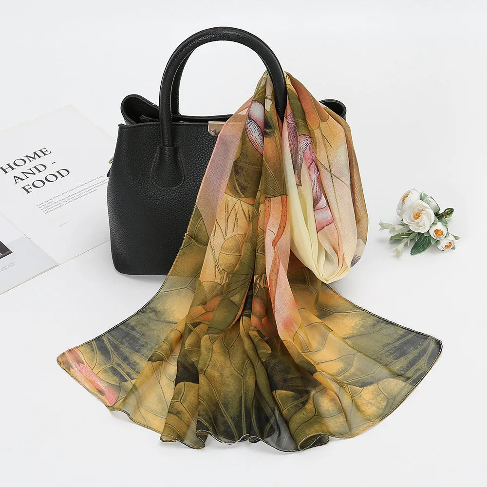 Elegant Lotus Flower Chiffon Scarf for Women - Stylish Sunscreen Accessory for Beach Travel and Holidays.