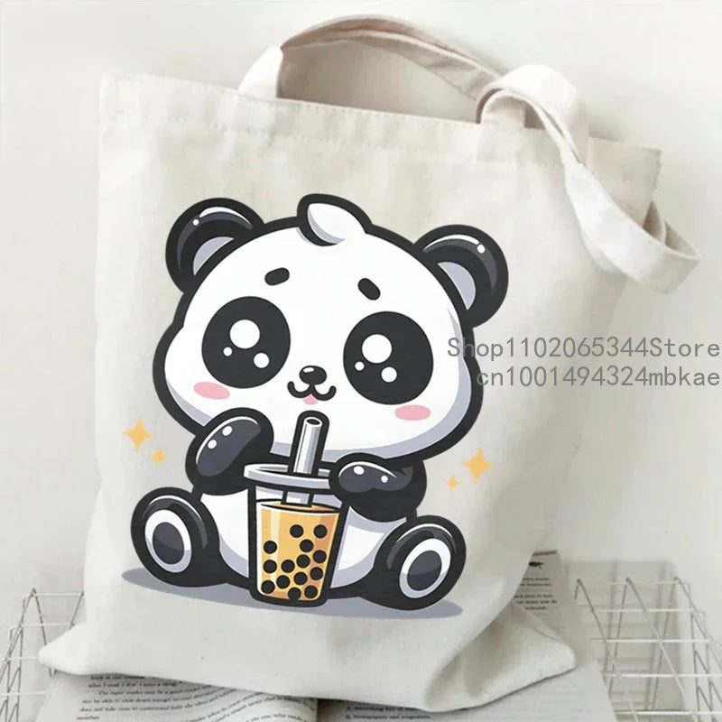 Cute Mouse Bobo Tea Pattern Canvas Shoulder Bag Women Animal Milk Tea Graphic Tote Bags Panda Frog Cartoon Women Shopping Purse.