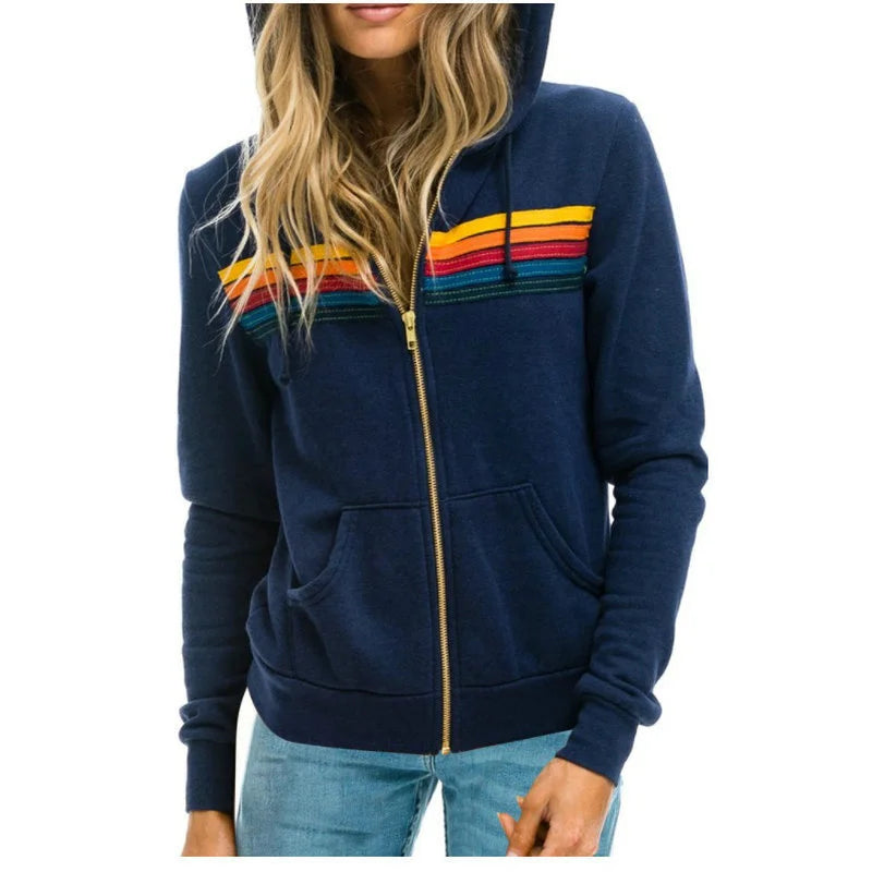 2025 Women Men Zipper Rainbow Long Sleeve Hooded Sweatershirt Harajuku Elastic Hip Hop 5 Stripe Hoodies Jacket.