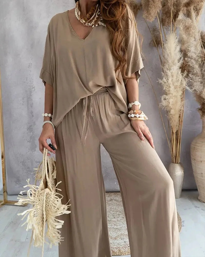 Sexy V Neck Midi Sleeve Shirt Pants Set Spring Summer Fashion Print Blouse Solid Trousers Two Piece Sets For Women Outfit 2024.