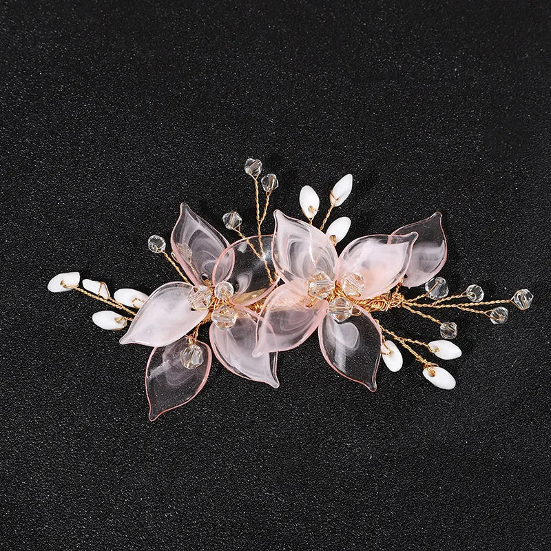 Pink Flower Hair Clips for Bride Wedding Hair Accessories Crystal Floral Hairpins Pearl Headpiece for Women Party Hair Jewelry.