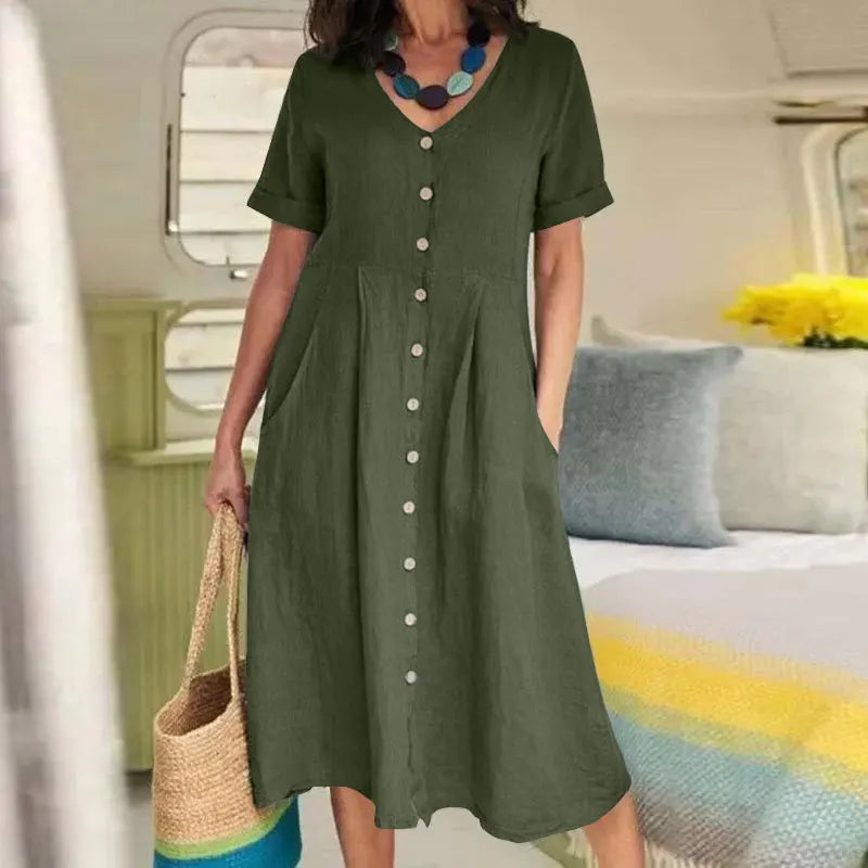 Women's Clothing Summer Casual V Neck Short Sleeve Cotton Linen Midi Dress Solid Loose High Waist Elegant Party Dresses Vestidos - Elevate Your Body