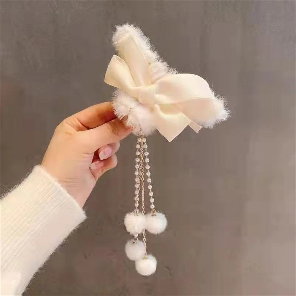 Chic Furry Bow Hair Claw Clips with Pearl Tassels - Strong Hold Banana Jaw Clips for Women.