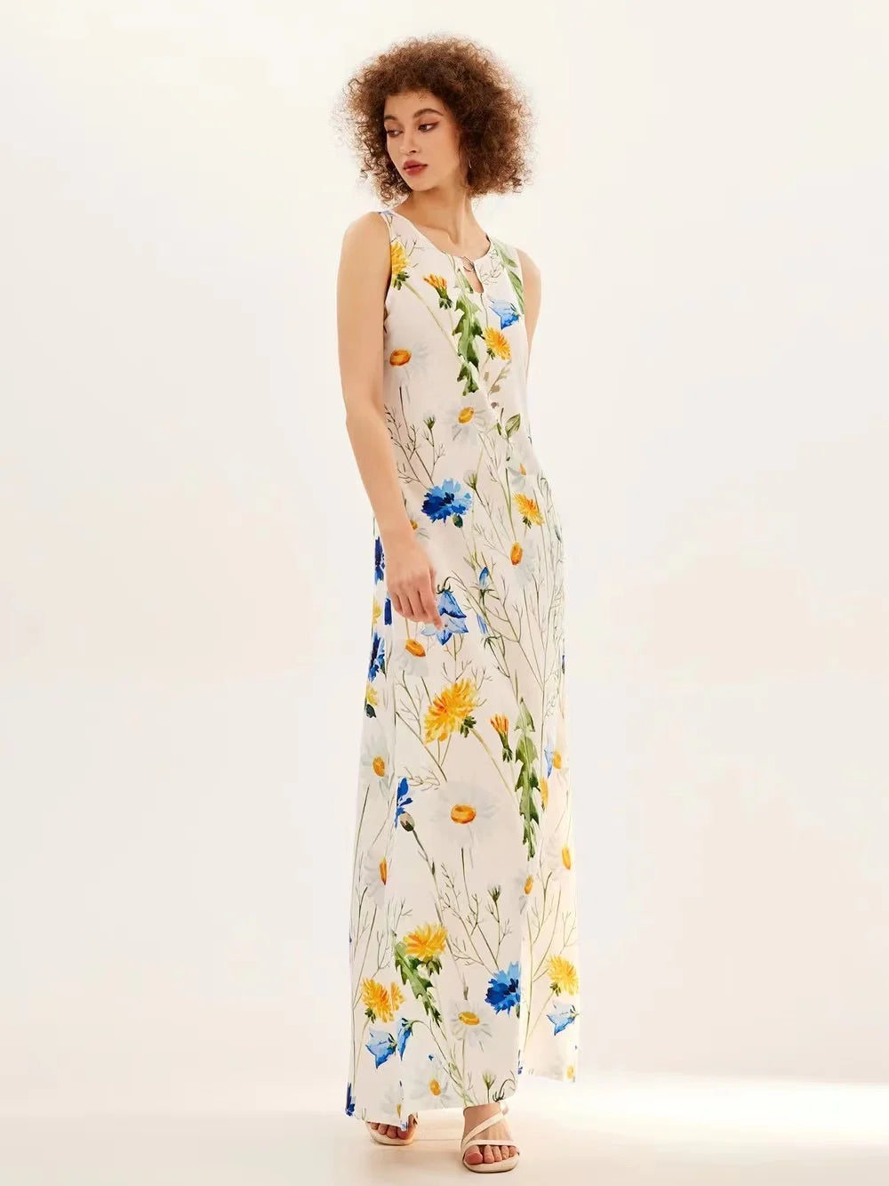 Flower Print New Casual Sleeveless Long Dress Women's V-Neck Printed Dress Swing Bohemian Retro Dresses - Elevate Your Body