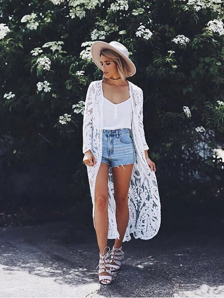 Fitshinling Bohemian White Beach Cover-Up Swimwear Sarong Embroidery Lace Kimono Sexy Transparent Long Cardigan Saida de Praia.