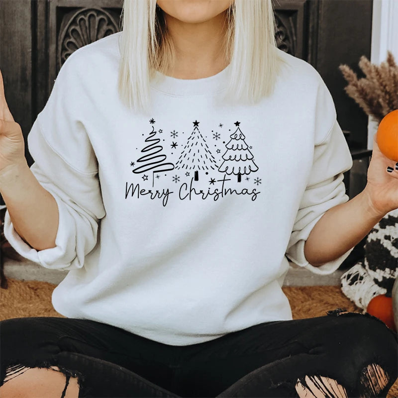 Merry Christmas Tree Trending Sweatshirts Women Funny Festive Fashion Casual Hoodies Trendy Christmas Tree Design Holiday Hoodie.