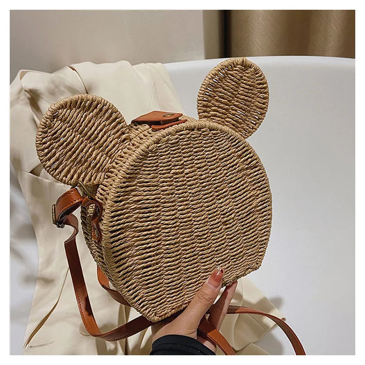 Disney 2023New Ladies Designer Straw Fancy Bag Cute Handbag Rattan Travel Leisure Vacation Small Round Beach Mickey Shoulder Bag - Elevate Your Body