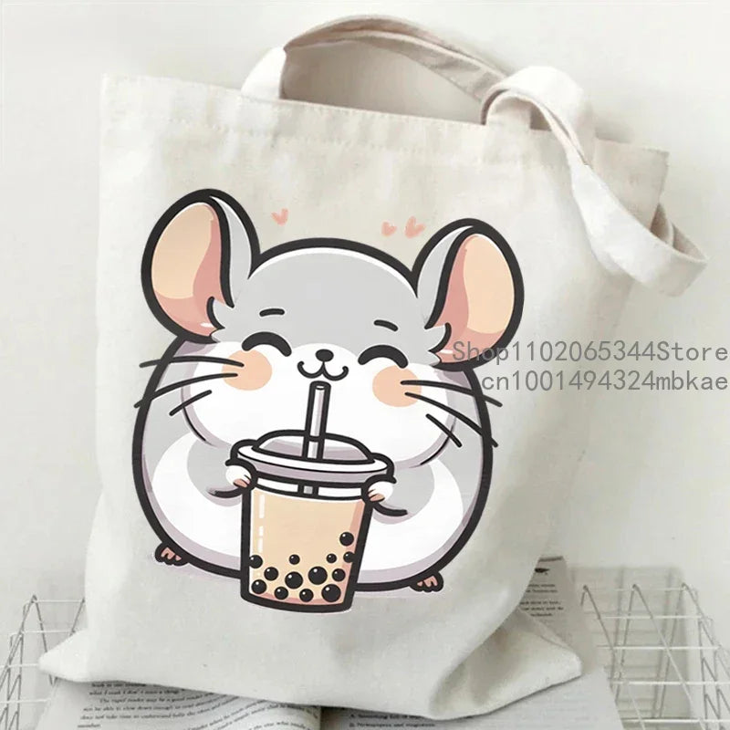 Cute Mouse Bobo Tea Pattern Canvas Shoulder Bag Women Animal Milk Tea Graphic Tote Bags Panda Frog Cartoon Women Shopping Purse.