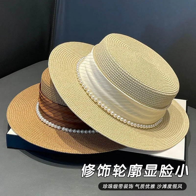 2024 Stylish Wide Brim Straw Sun Hat for Women with Pearl Chain - UV Protection Beach Cap.