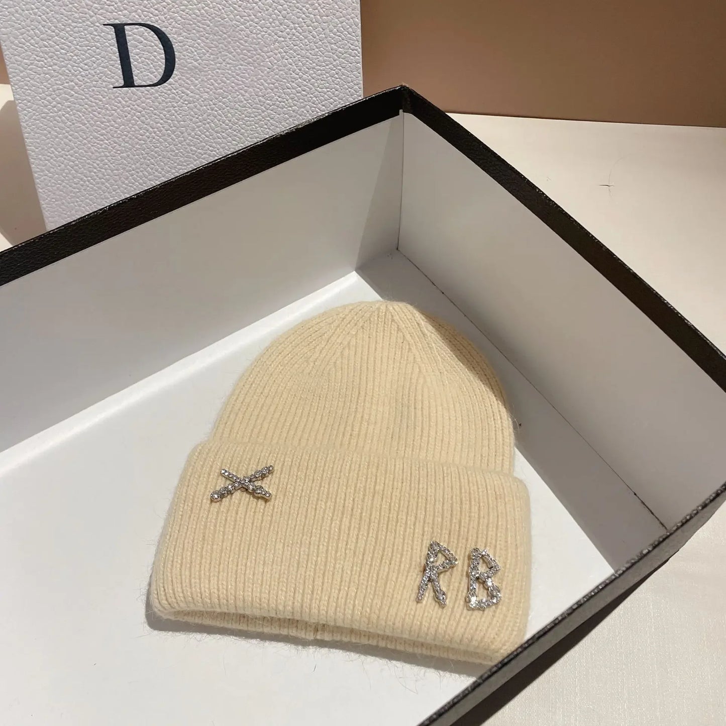 Luxury Rabbit Fur Beanie with Diamond Letters for Women - Cozy Winter Knitted Hat for Casual Outdoor Activities.