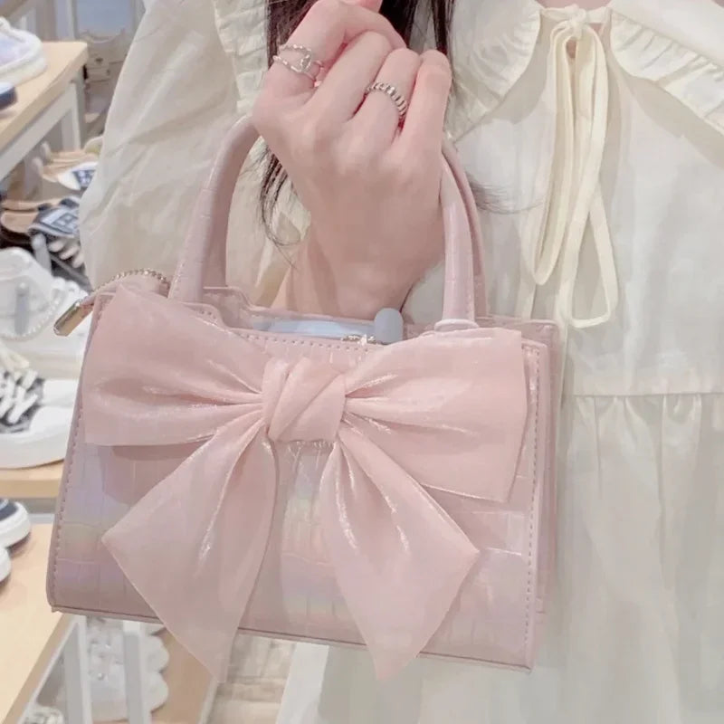 Fashion Women's Clutch Purse Handbags Summer Pink Bowknot Female Underarm Bags Sweet Girl's Small Square Shoulder Messenger Bag.