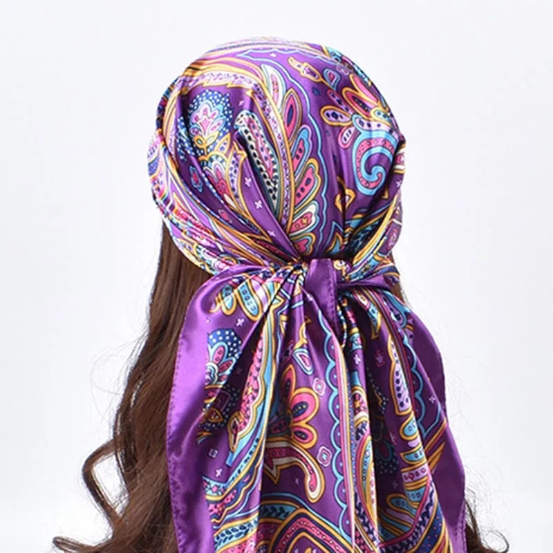 Versatile Cashew Satin Large Square Scarf with Fashion Stripes for Women - Trendy and Personalized Design.