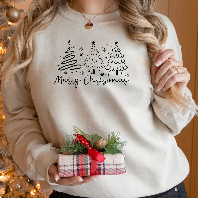 Merry Christmas Tree Trending Sweatshirts Women Funny Festive Fashion Casual Hoodies Trendy Christmas Tree Design Holiday Hoodie.