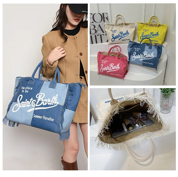 Popular Korean letters tassel canvas bag large-capacity bag simple commuting students to single shoulder Tote bag - Elevate Your Body