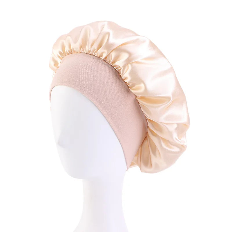 Satin Solid Wide-Brimmed Unisex Sleeping Hat - Elastic Band Hair Care Bonnet for Night Use.