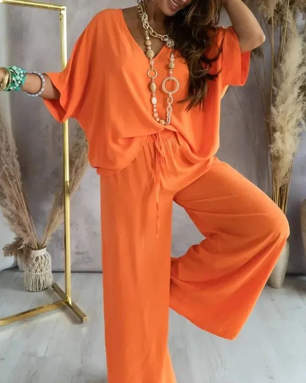 Sexy V Neck Midi Sleeve Shirt Pants Set Spring Summer Fashion Print Blouse Solid Trousers Two Piece Sets For Women Outfit 2024.