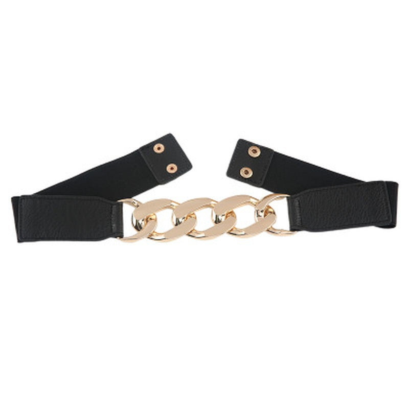 Stylish Elastic PU Leather Belt with Metal Chain Buckle and Rivet Details for Women.