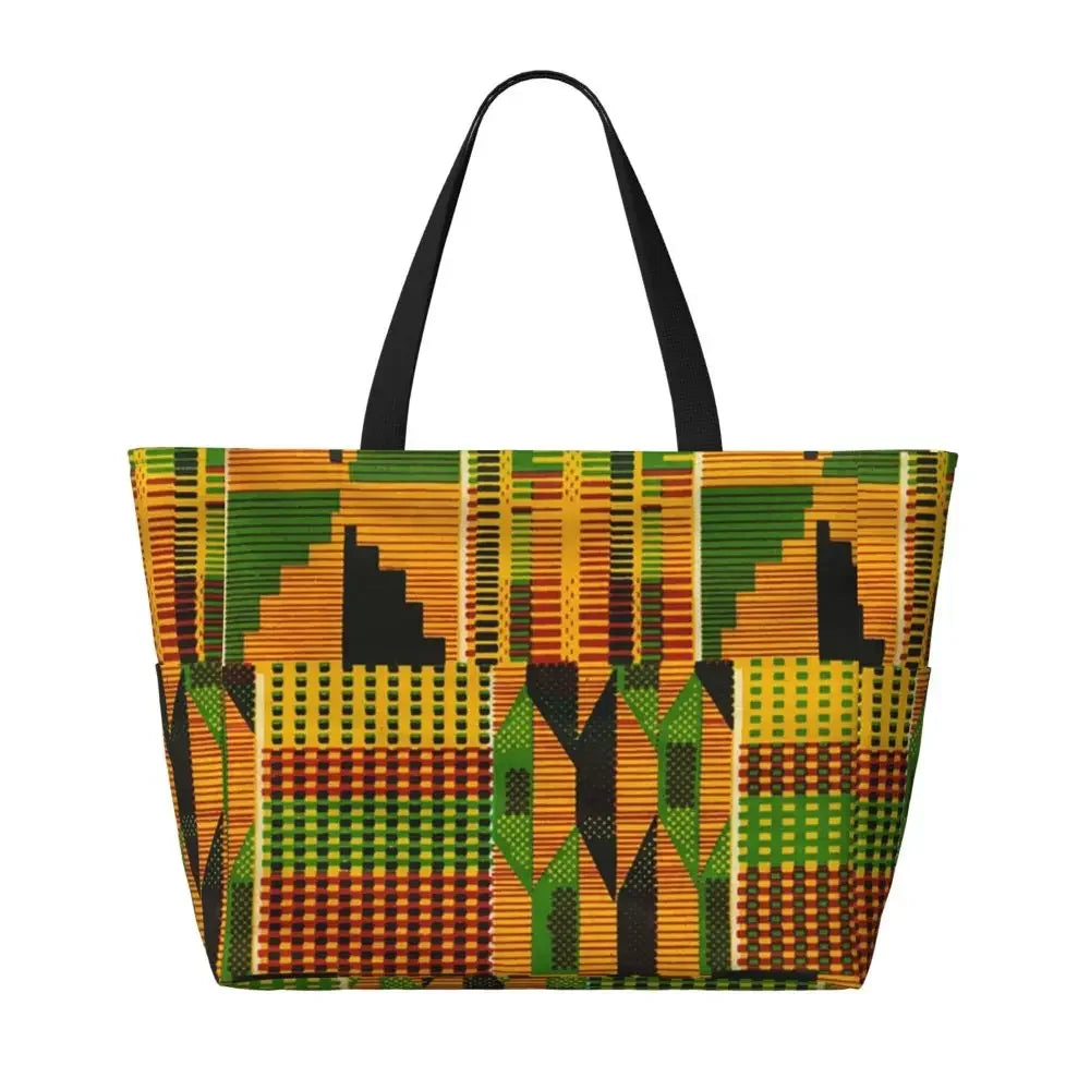 Custom African Kente Cloth Design Tote Bag for Women Large Capacity Traditional Africa Ethnic Ankara Beach Gym Travel Bags