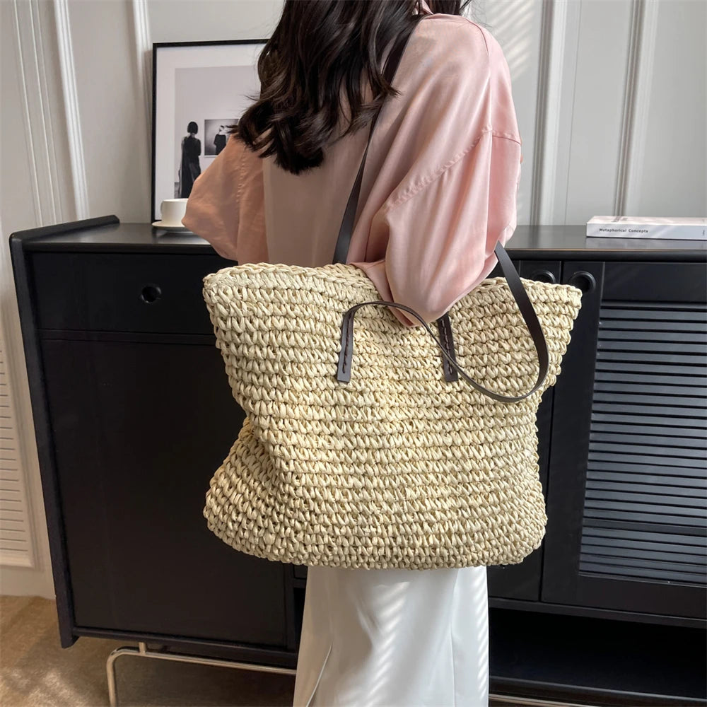 MOODS Luxury Design Straw Woven Tote Bags For Women Large Capacity Shoulder Beach Bag Pure Color Summer New Big Shopping Handbag.