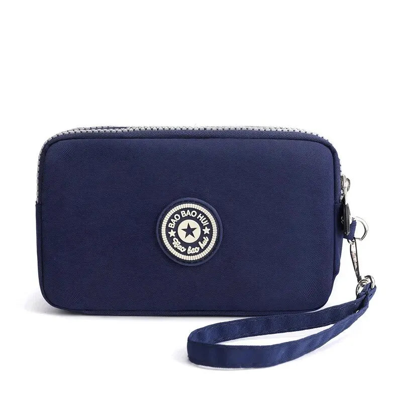 Solid Color Coin Purse Women Handbag Small Wallet Wrinkle Fabric Phone Purse Three Zippers Portable Make Up Bag.