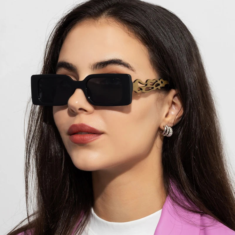 Vintage Flamed Frame Rectangle Sunglasses for Women - Retro UV400 Shades for Travel and Hip-hop Style.