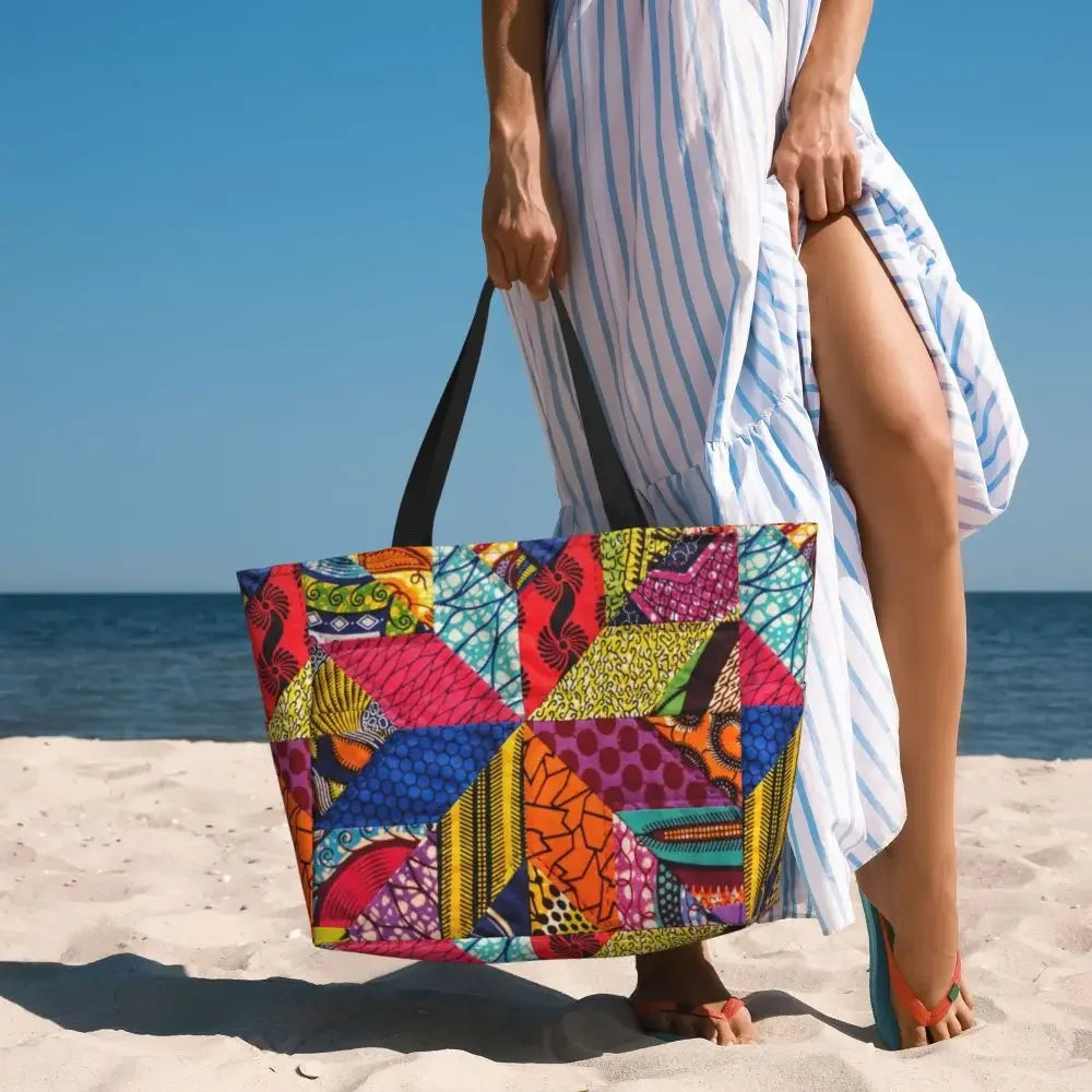 Custom African Kente Cloth Design Tote Bag for Women Large Capacity Traditional Africa Ethnic Ankara Beach Gym Travel Bags