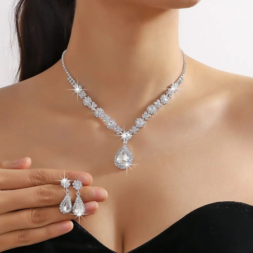 3 pieces of women's crystal droplet necklace with earrings set for wedding evening dress Elegant accessories.