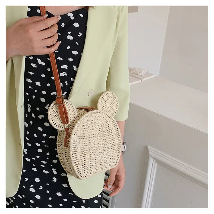 Disney 2023New Ladies Designer Straw Fancy Bag Cute Handbag Rattan Travel Leisure Vacation Small Round Beach Mickey Shoulder Bag - Elevate Your Body