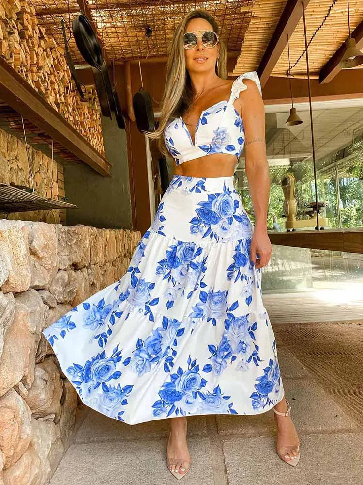 New Two Pieces Skirt Sets Suspenders Tube Top Skirts Sweet Printed Bra Bare Waist Chic Evening Party Clothing Beach Dance Robe.