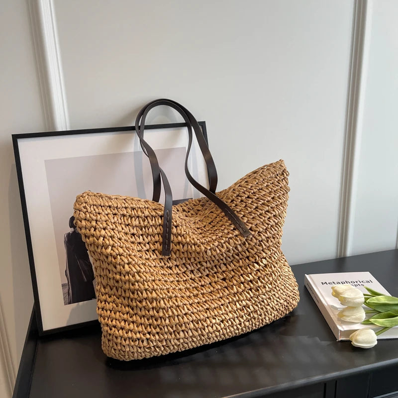 MOODS Luxury Design Straw Woven Tote Bags For Women Large Capacity Shoulder Beach Bag Pure Color Summer New Big Shopping Handbag.