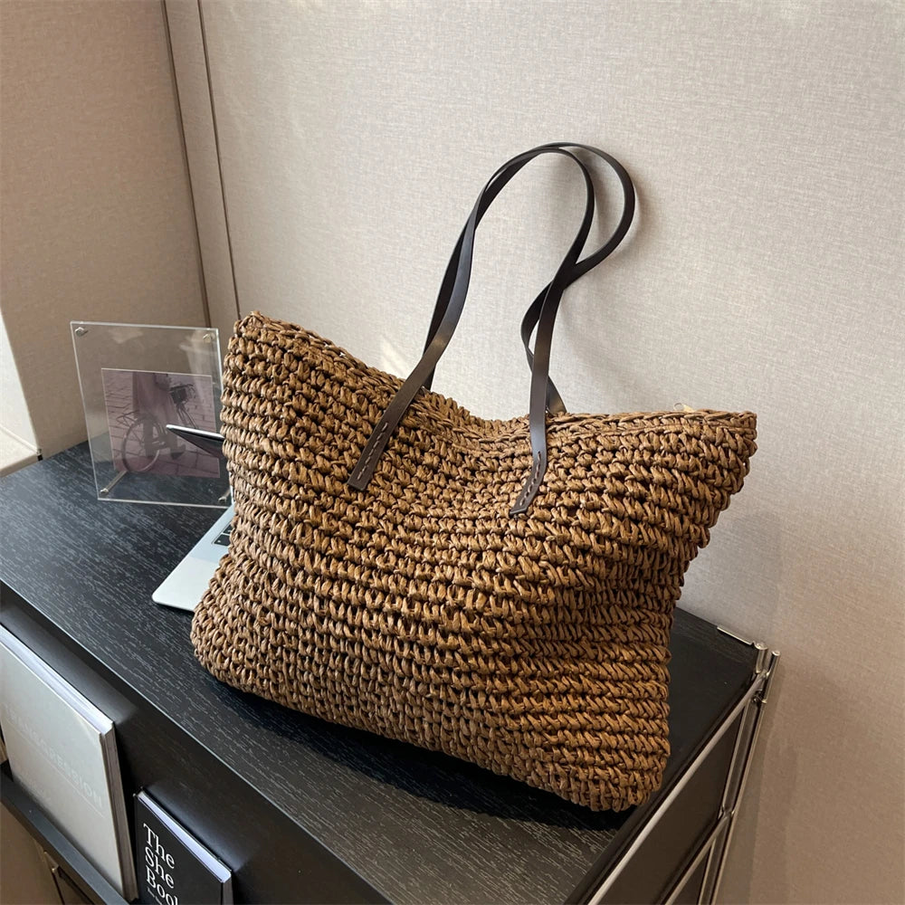 MOODS Luxury Design Straw Woven Tote Bags For Women Large Capacity Shoulder Beach Bag Pure Color Summer New Big Shopping Handbag.