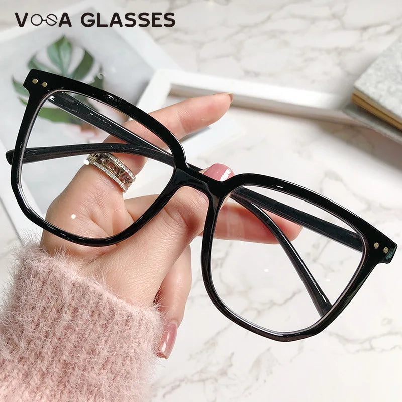 Stylish Oversized Transparent Square Myopia Glasses for Men and Women with Anti-Blue Light Lenses (-600 to 0)