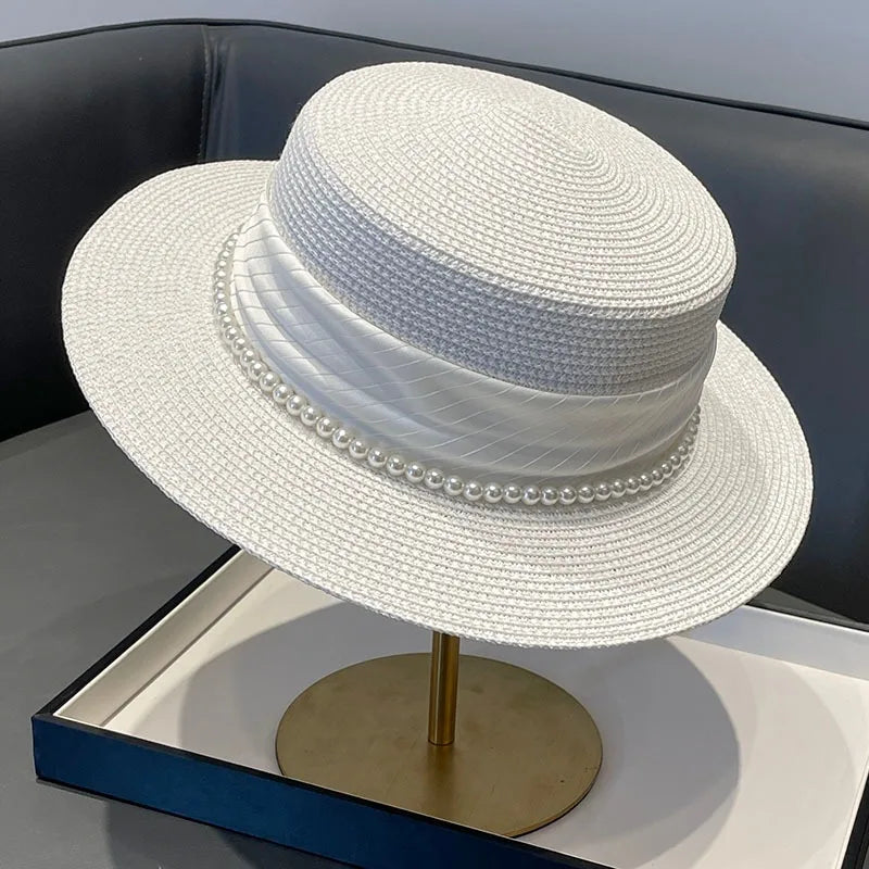 2024 Stylish Wide Brim Straw Sun Hat for Women with Pearl Chain - UV Protection Beach Cap.