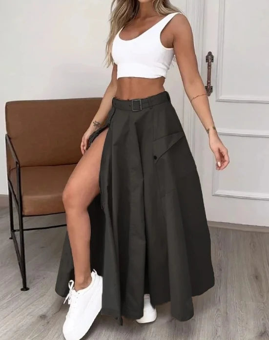 Two Piece Set Women Outfit Summer Fashion U-Neck Sleeveless Solid Color Crop Vest & Casual High Waist Zipper Slit Skirt Set.