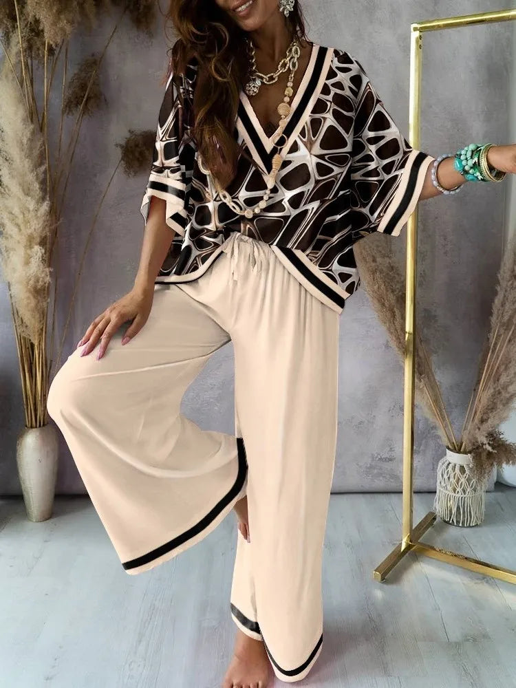 Sexy V Neck Midi Sleeve Shirt Pants Set Spring Summer Fashion Print Blouse Solid Trousers Two Piece Sets For Women Outfit 2024.