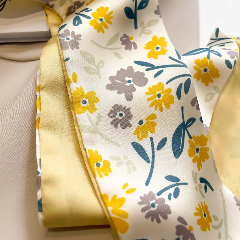 Elegant Yellow and White Silk Scarf for Women - Versatile Hair Tie and Bag Accessory for Spring and Summer.