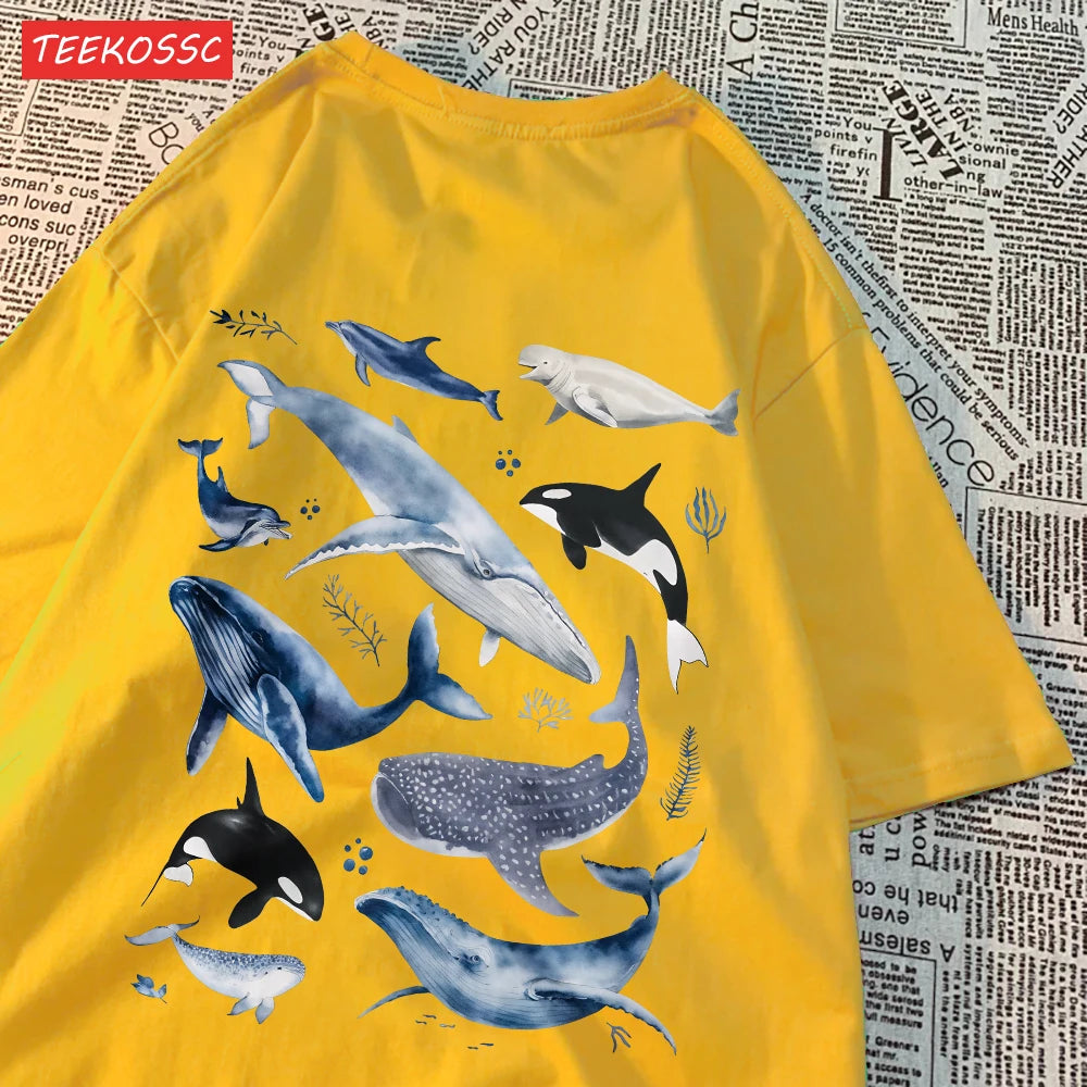 Fashion Cotton Women'S T-Shirts Ocean And Whales Printing Tops Oversize O-Neck Soft Short Sleeve Summer Casual Female Clothes.