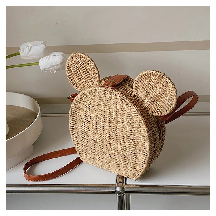 Disney 2023New Ladies Designer Straw Fancy Bag Cute Handbag Rattan Travel Leisure Vacation Small Round Beach Mickey Shoulder Bag - Elevate Your Body