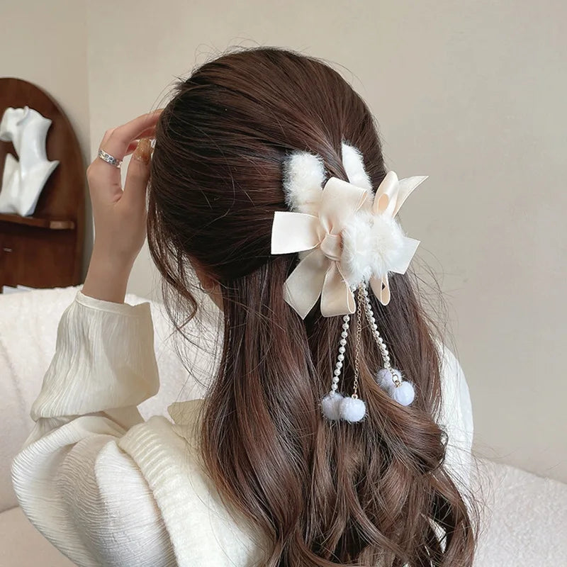 Chic Furry Bow Hair Claw Clips with Pearl Tassels - Strong Hold Banana Jaw Clips for Women.