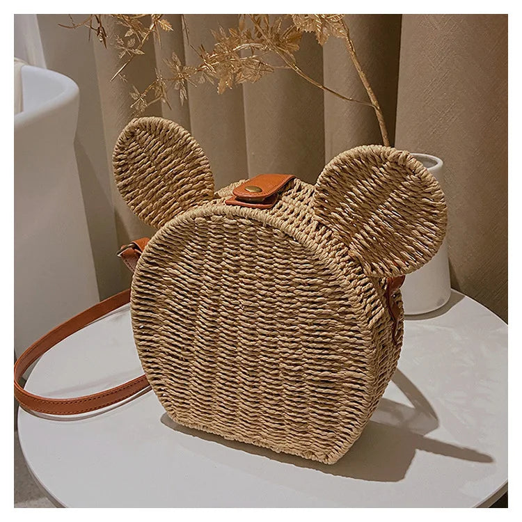 Disney 2023New Ladies Designer Straw Fancy Bag Cute Handbag Rattan Travel Leisure Vacation Small Round Beach Mickey Shoulder Bag - Elevate Your Body