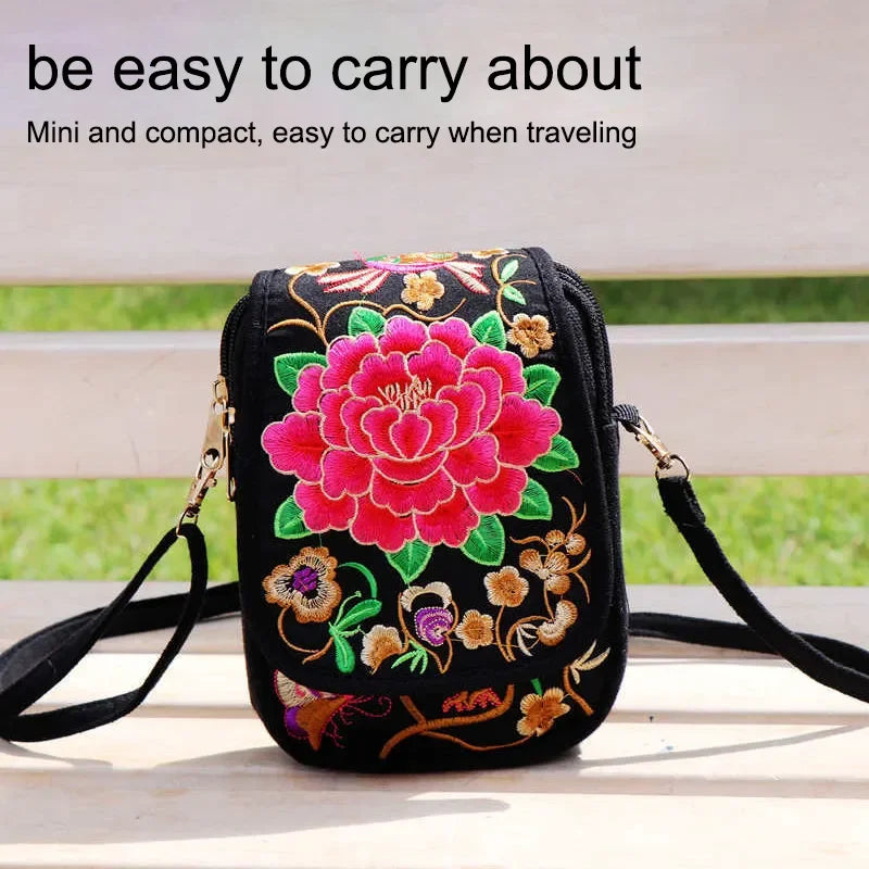 1PC Embroidered National Style Cloth Bag Waist Bag Oblique Span Shoulder Coin Mini Wallet Carry Vertical Square.