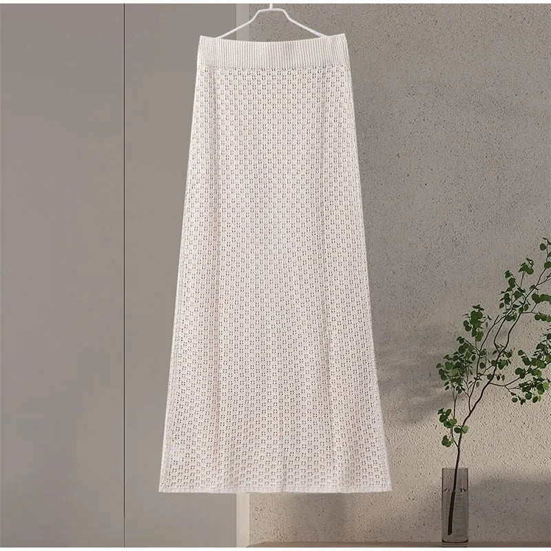 Elegant Knitted Long Skirt Women's Sets Hollow Out Lapel Short Sleeve Cropped Top  Maxi Skirts 2024 Summer Crochet Female Suit.