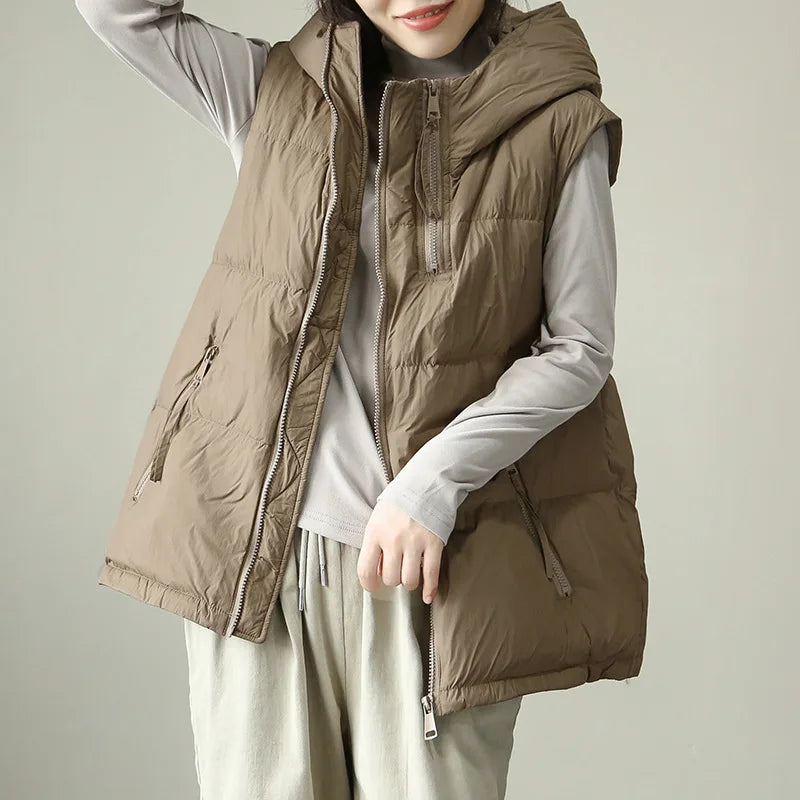 Schinteon Women White Duck Down Vest with Hood Autumn Winter Warm Over Size Casual Sleeveless Jacket Top Fashionable Gilet 2024.