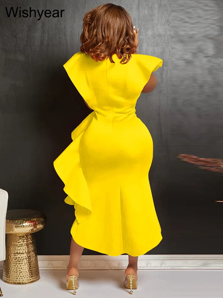 Sexy Flare Short Sleeve High Side Split Ruffles Bodycon Midi Dress Women Autumn Evening Wedding Party Birthday Vestidos Elegant.